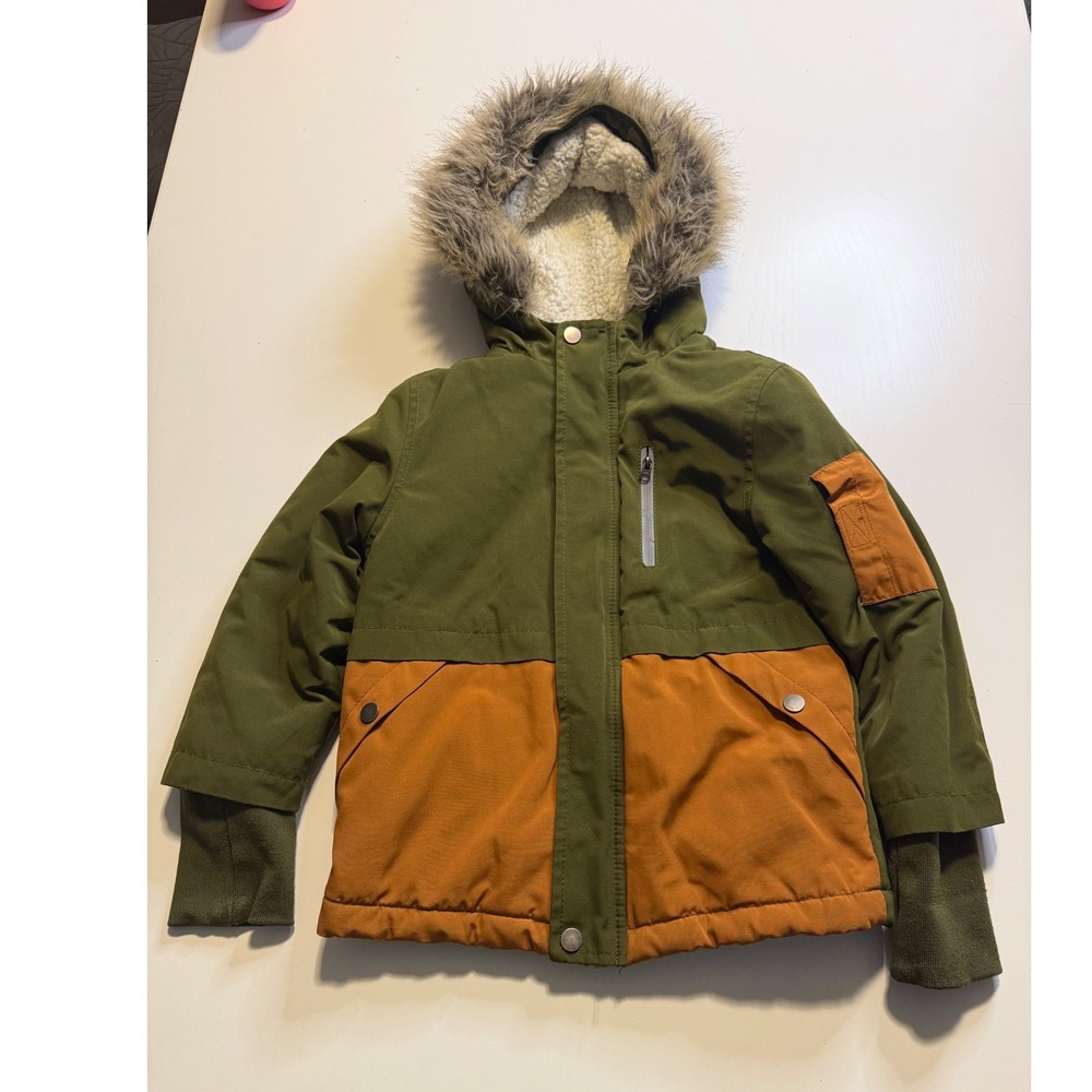 Cat & Jack Kids Olive Green Rust Orange Sherpa Lined Winter Parka Coat XS 4/5
